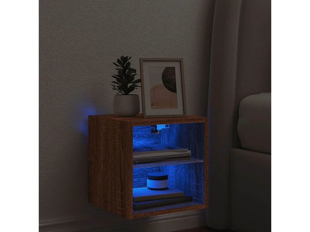 Mueble de TV | Mueble de salón de pared con luces LED roble marrón 30x28,5x30 cm
