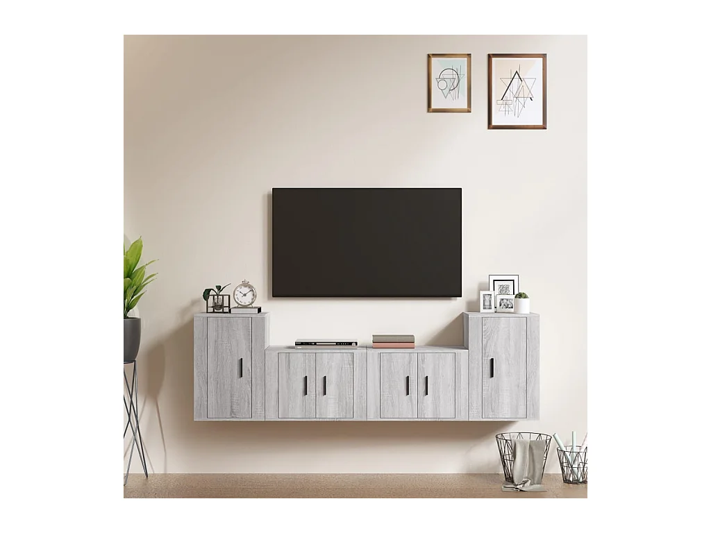 Set de muebles para TV  | Gabinetes de TV |  Muebles de salón 4 pzas madera contrachapada gris Sonoma