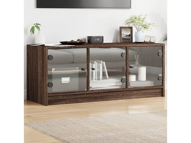 Meuble TV | Banc TV | Armoire TV avec portes en verre chêne marron 102x37x42 cm