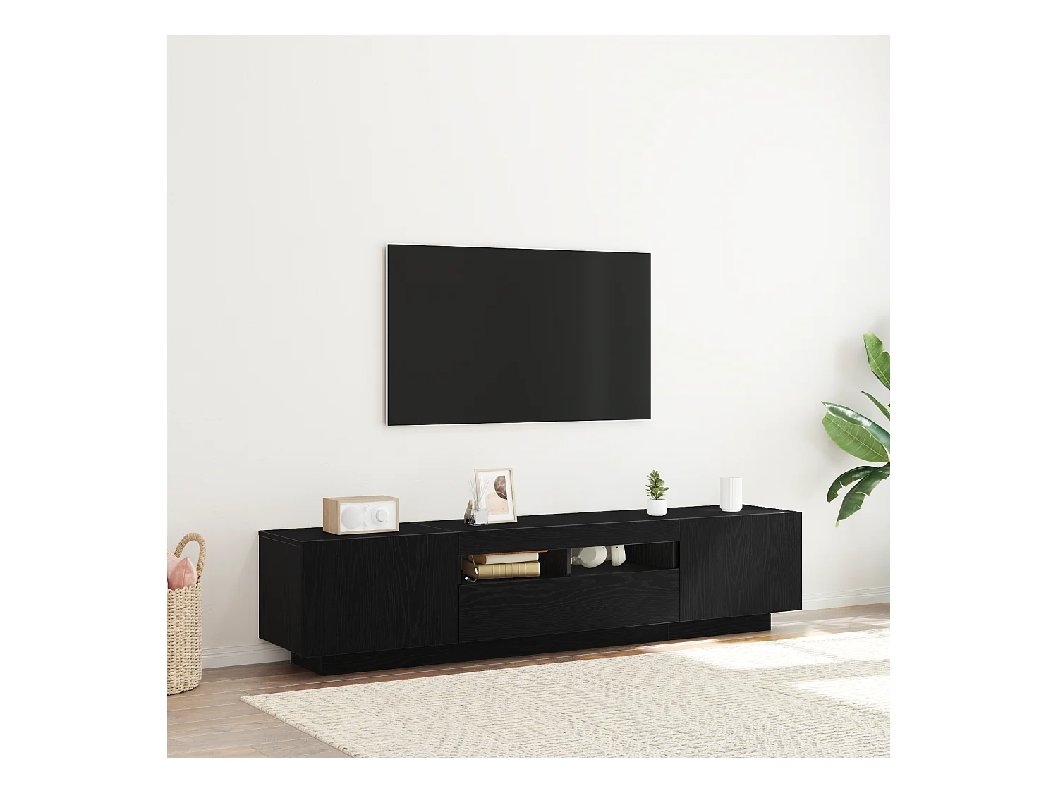 Meuble TV | Banc TV | Armoire TV avec des lumières LED en chêne noir de 180x35x40 cm en bois d'ingénierie