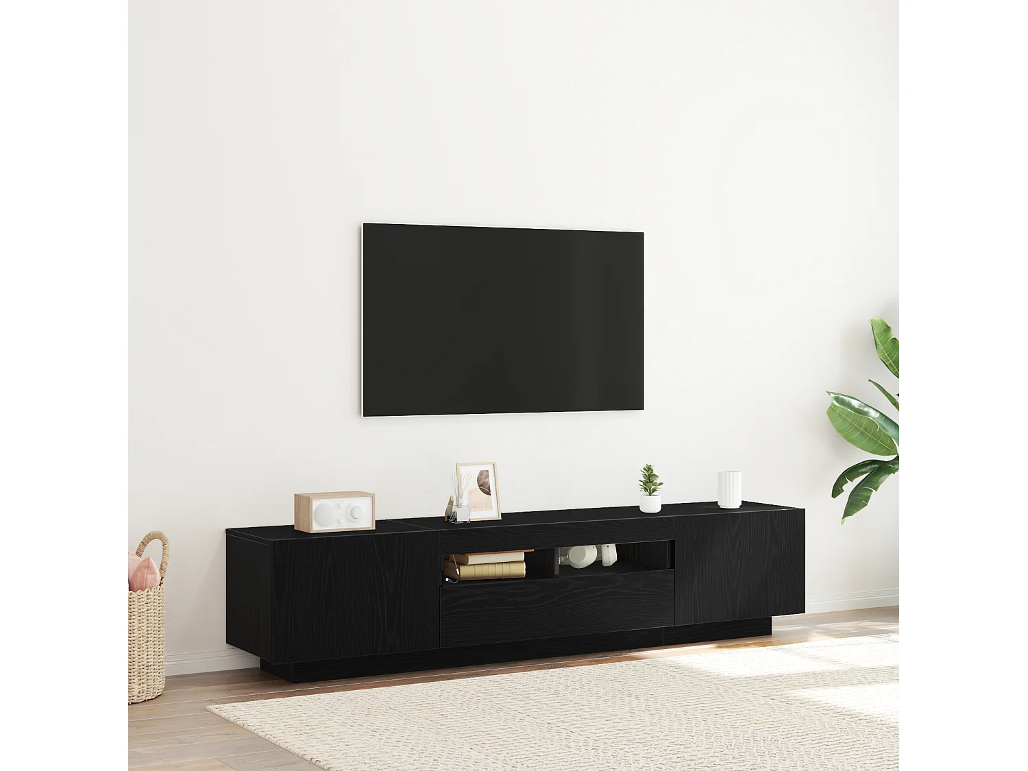 TV-kast | Tv-meubel | Tv-Bank met LED-verlichting - Zwart Eiken - 180x35x40 cm - Bewerkt hout
