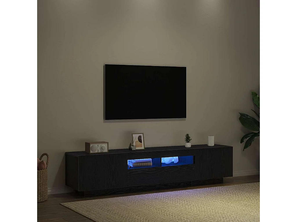 TV-kast | Tv-meubel | Tv-Bank met LED-verlichting - Zwart Eiken - 180x35x40 cm - Bewerkt hout