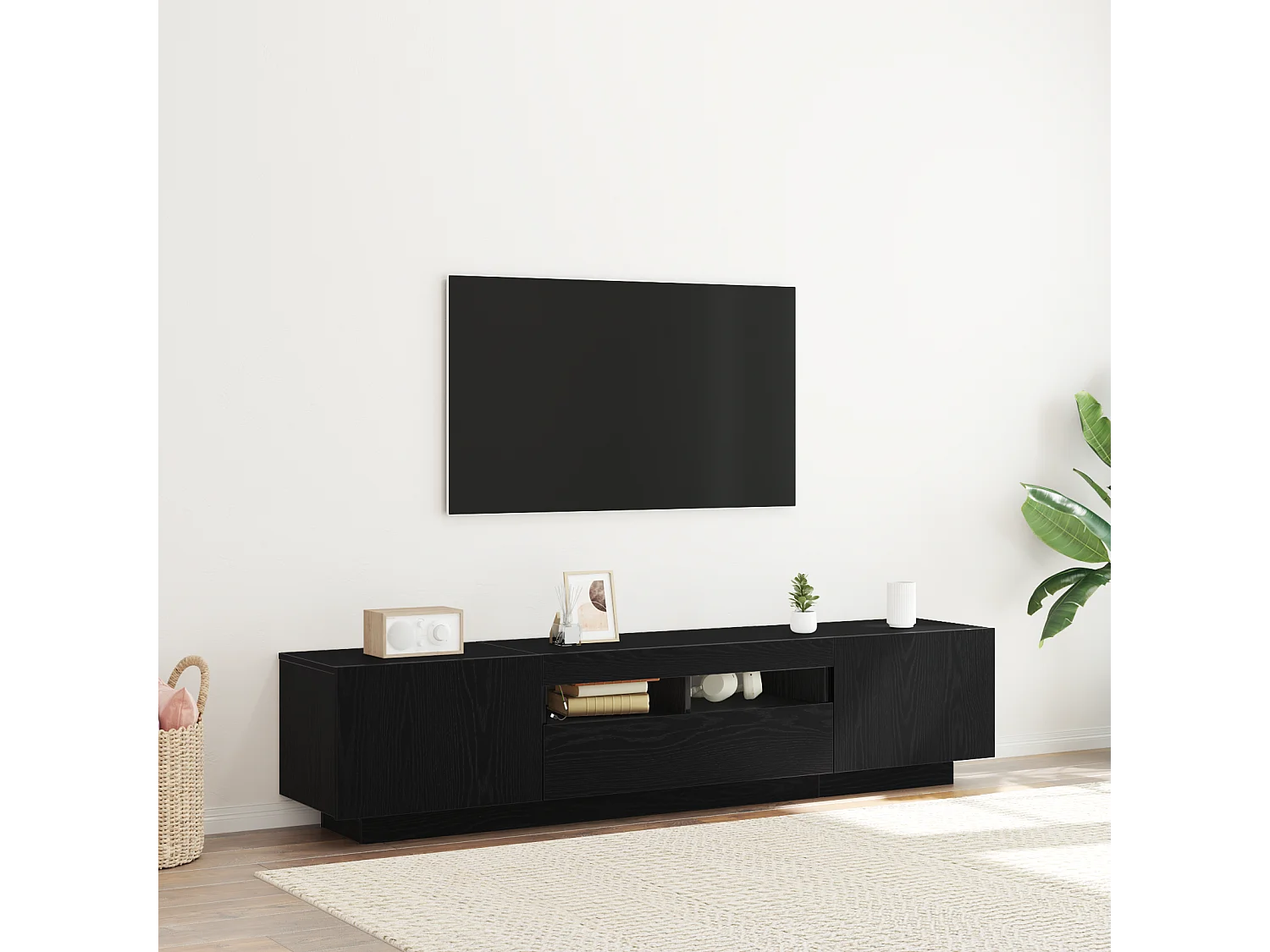 TV-kast | Tv-meubel | Tv-Bank met LED-verlichting - Zwart Eiken - 180x35x40 cm - Bewerkt hout