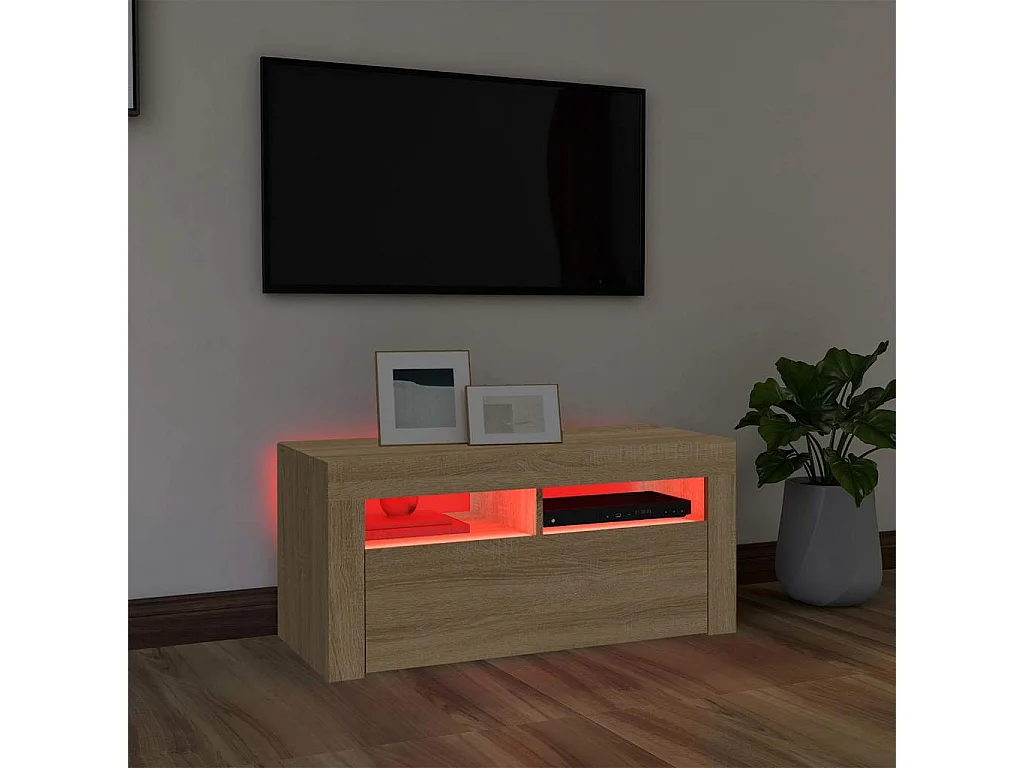 Meuble TV | Banc TV | Armoire TV avec lumières LED chêne sonoma 90x35x40 cm