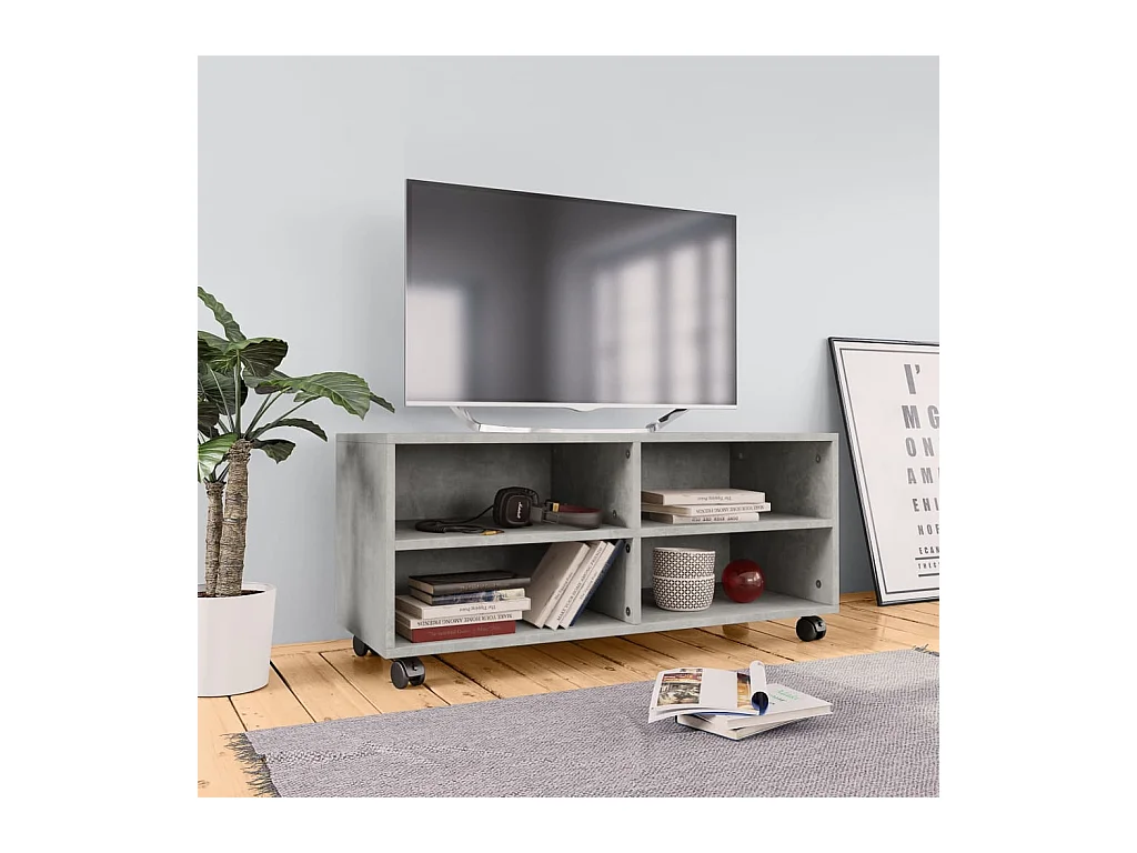 Mueble de TV | Mueble de salón con ruedas contrachapada gris hormigón 90x35x35 cm