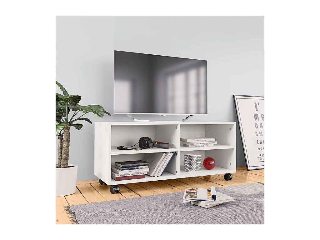 Mueble de TV | Mueble de salón con ruedas madera contrachapada blanco 90x35x35 cm