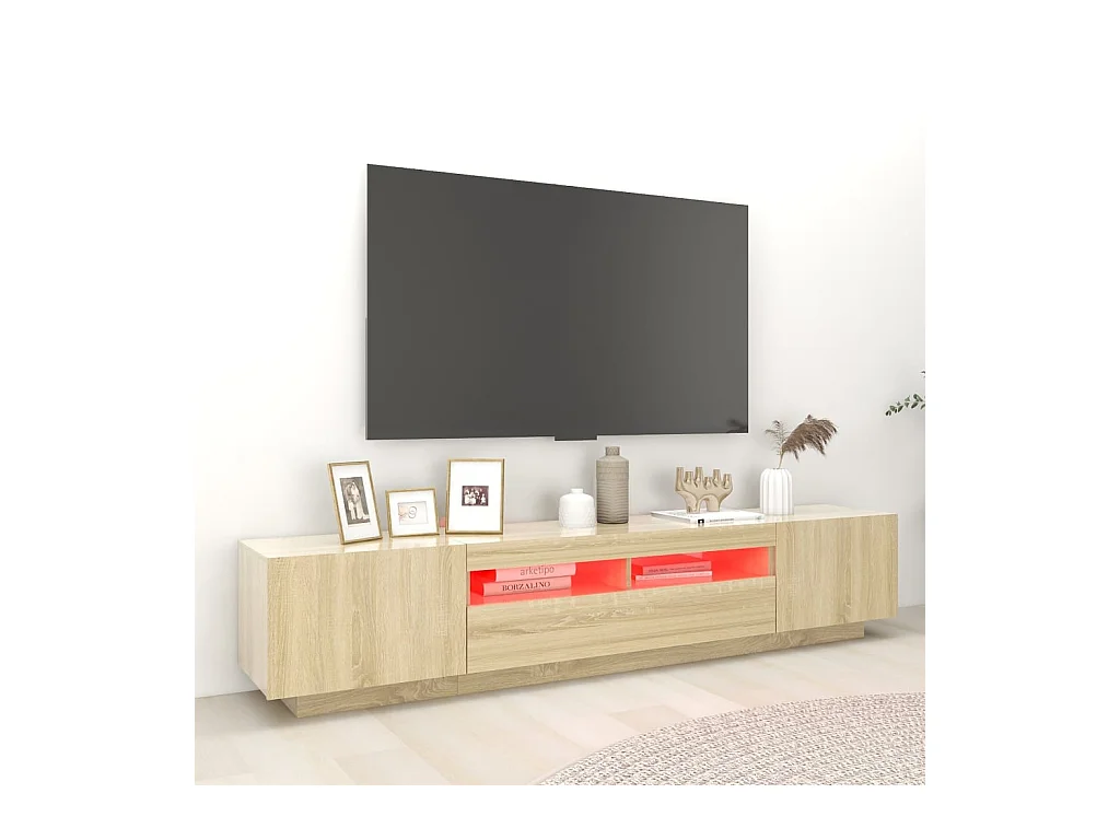 Armario TV | Mueble TV | Mueble de salón con luces LED color roble Sonoma 200x35x40 cm