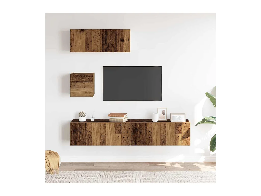 4-delig Tv-meubelset | Tv-Bank | TV-kast wandmontage bewerkt hout oud houtkleurig