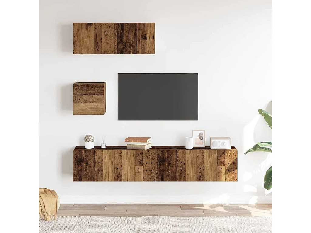4-delig Tv-meubelset | Tv-Bank | TV-kast wandmontage bewerkt hout oud houtkleurig