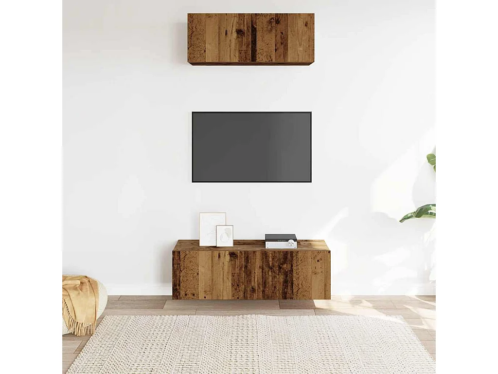 2-delig Tv-meubelset | Tv-Bank | TV-kast wandmontage bewerkt hout oud houtkleurig