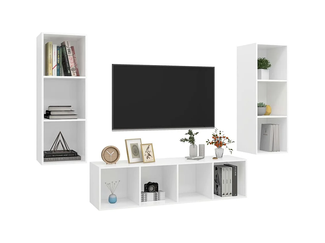 Juego de muebles de salón | Gabinetes de TV |  Muebles de TV 3 piezas madera ingeniería blanco