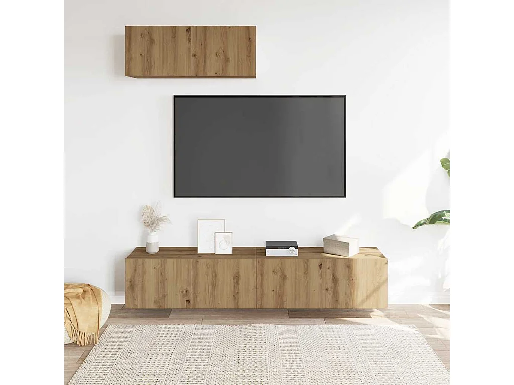 3-delig Tv-meubelset | Tv-Bank | TV-kast wandmontage bewerkt hout artisanaal eiken