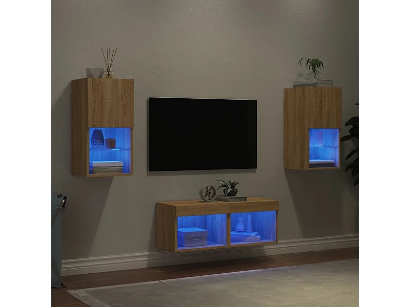 Muebles de TV | Gabinetes de TV |  Muebles de salón de pared con luces LED 4 piezas roble Sonoma