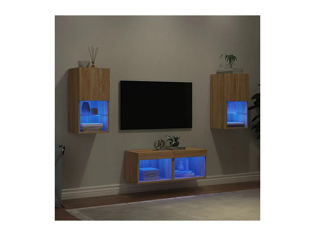 Muebles de TV | Gabinetes de TV |  Muebles de salón de pared con luces LED 4 piezas roble Sonoma
