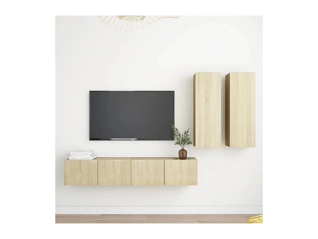 Juego de muebles de salón | Gabinetes de TV |  Muebles de TV 4 piezas roble Sonoma