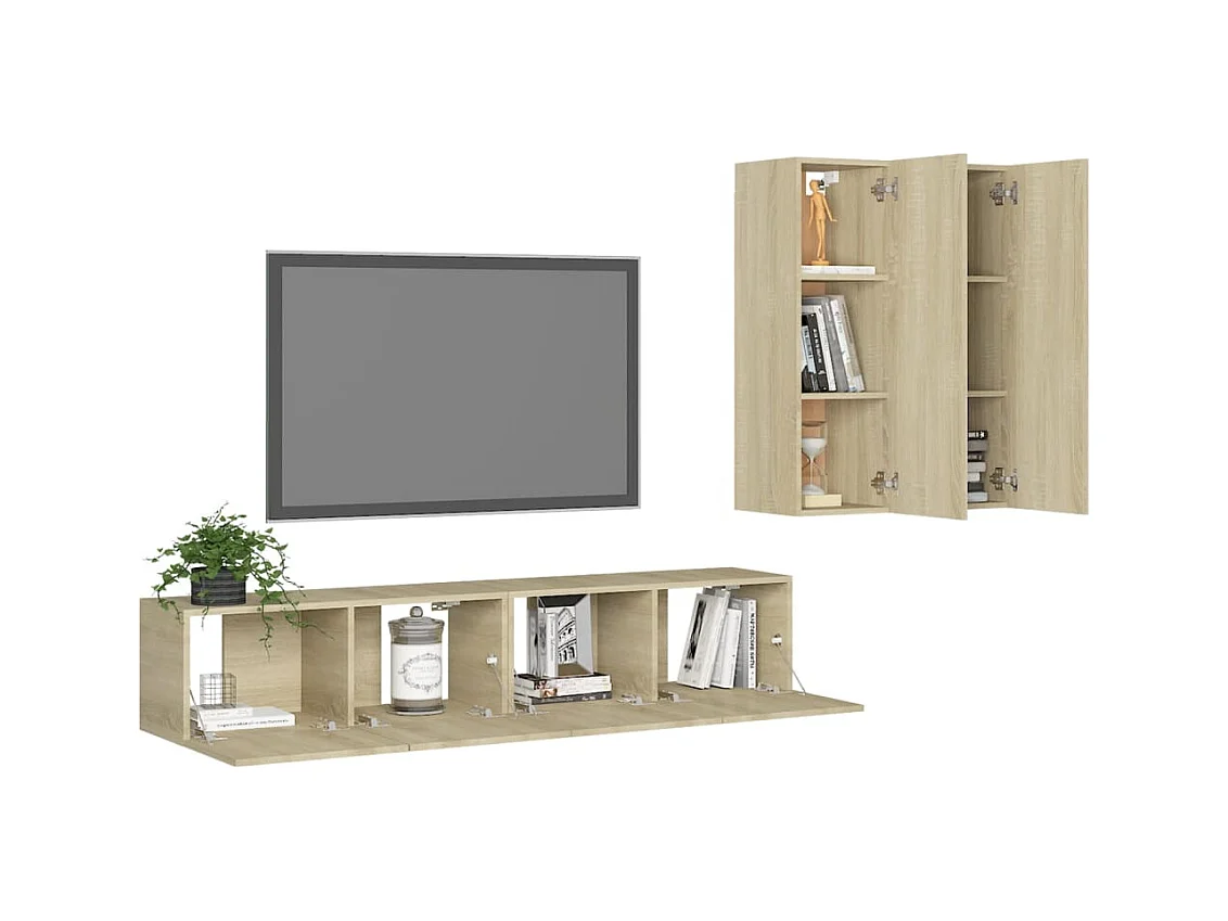 Juego de muebles de salón | Gabinetes de TV |  Muebles de TV 4 piezas roble Sonoma