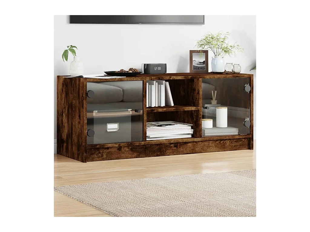 Mueble de TV | Mueble de salón con puertas de vidrio roble ahumado 102x37x42 cm