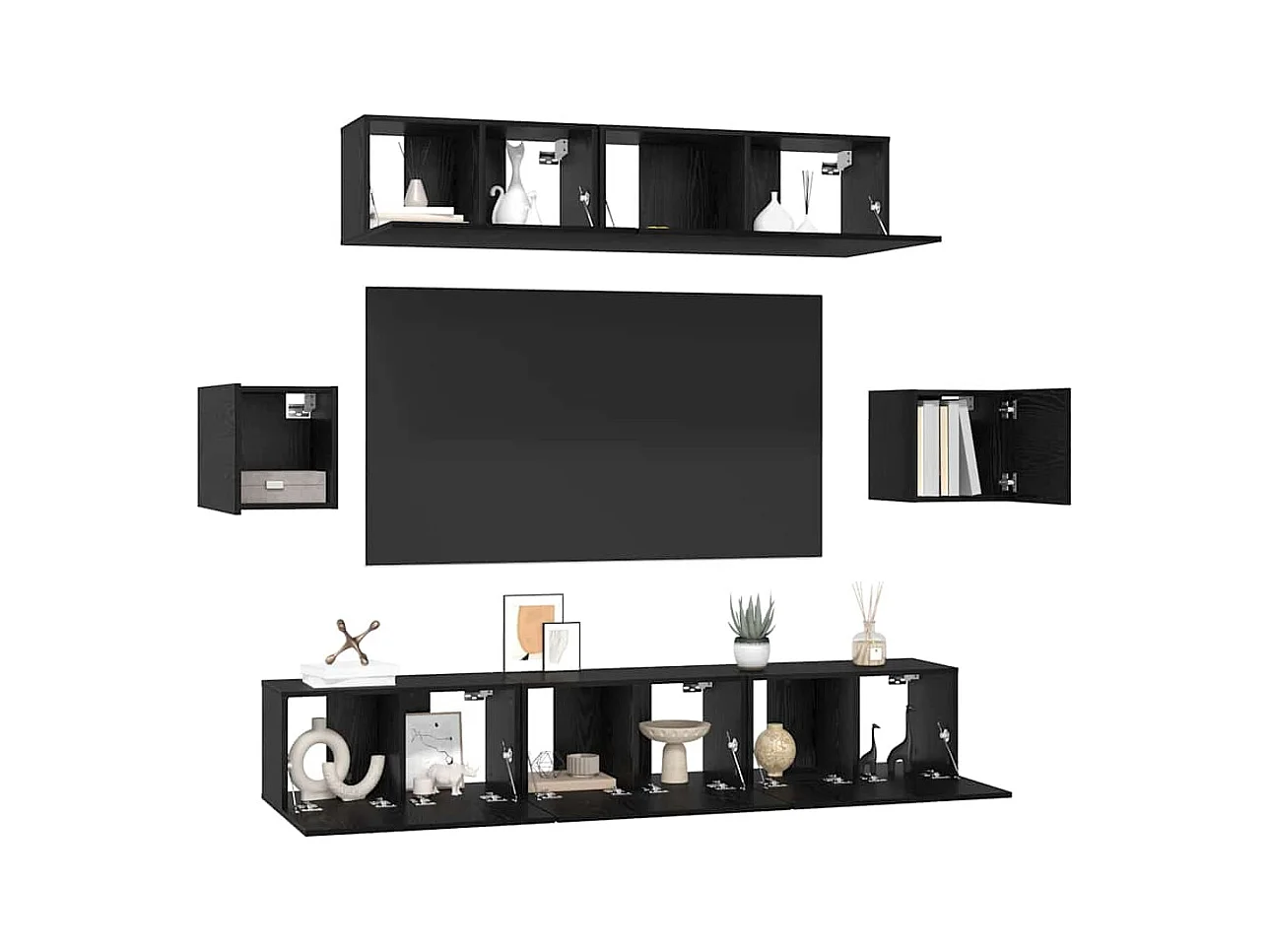 Tv-meubelset | Tv-Bank | TV-kast 7 pcs Zwart eiken 80 x 30 x 30 cm Bewerkt hout