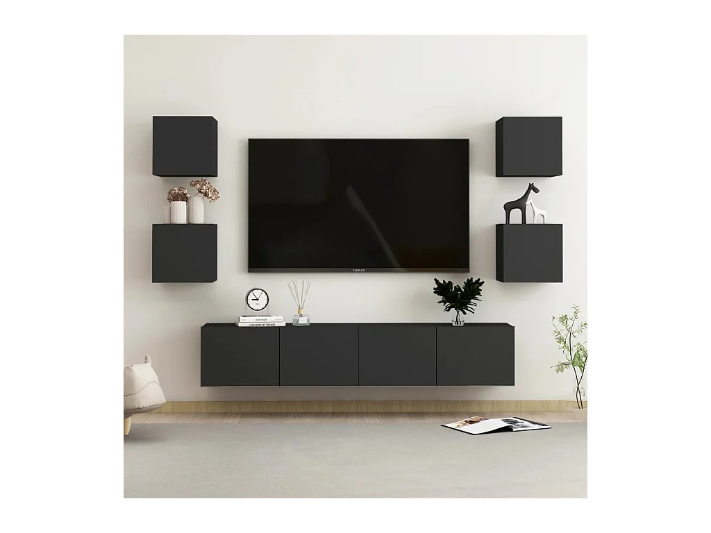 Set de muebles de salón TV | Gabinetes de TV |  Muebles de TV 6 pzas madera de ingeniería negro