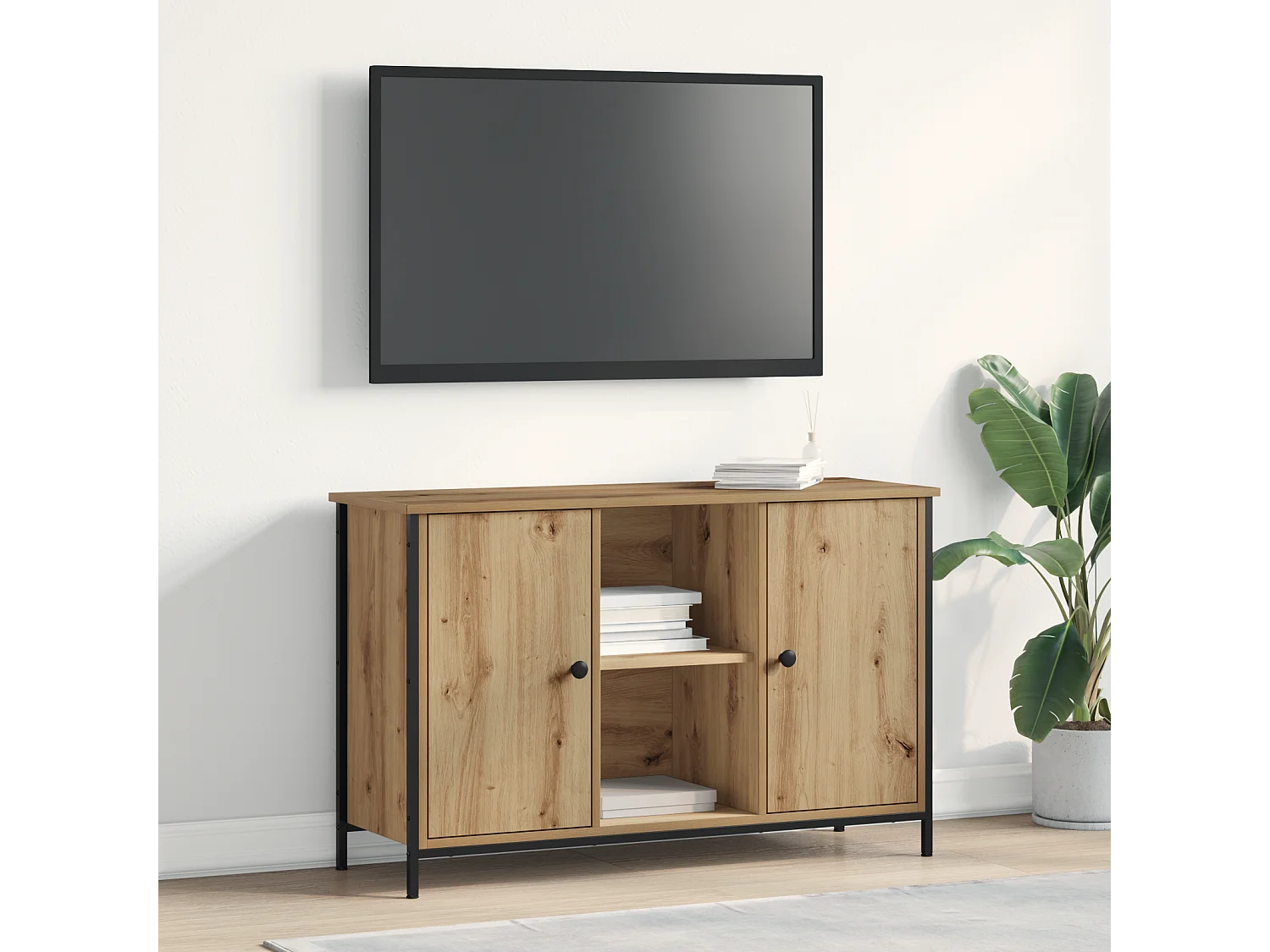 Tv-meubel | Tv-Bank | TV-kast101x35x65 cm bewerkt hout en staal zwart eikenkleur