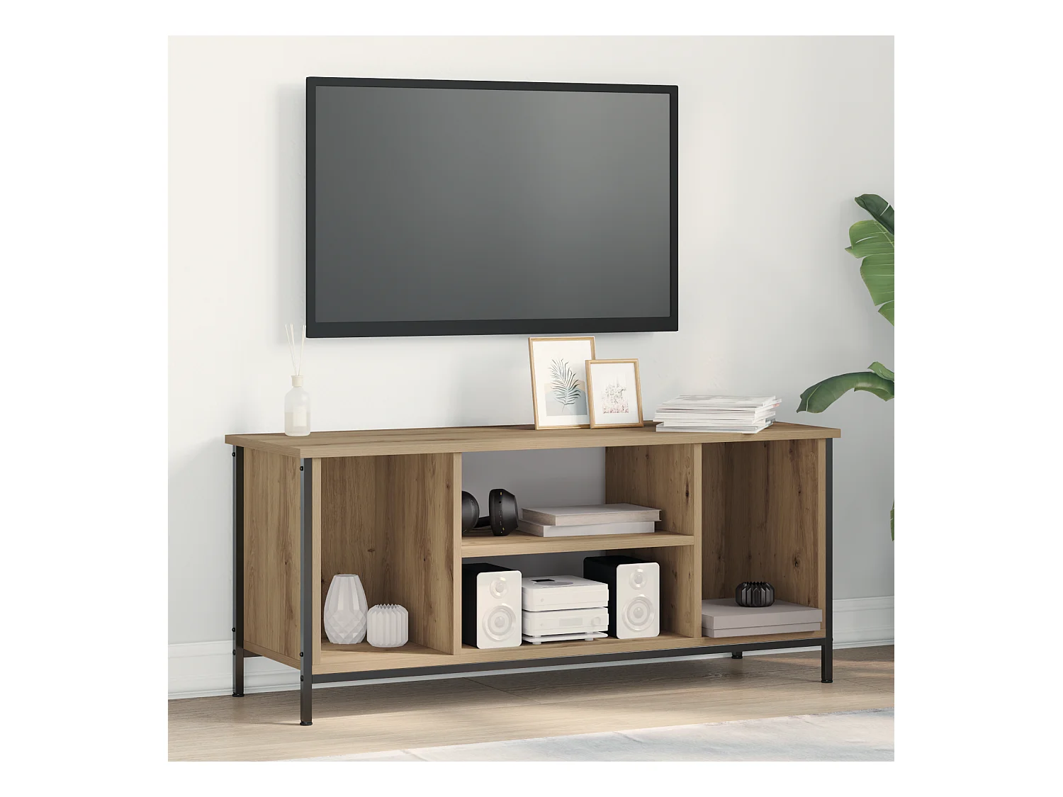 Meuble TV | Banc TV | Armoire TV Chêne artisanal Bois reconstitué, Métal 102 x 35 x 45 cm