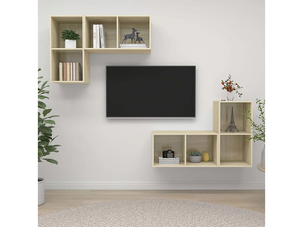 Muebles de salón | Gabinetes de TV |  Muebles de TV de pared 4 pzas madera ingeniería roble Sonoma