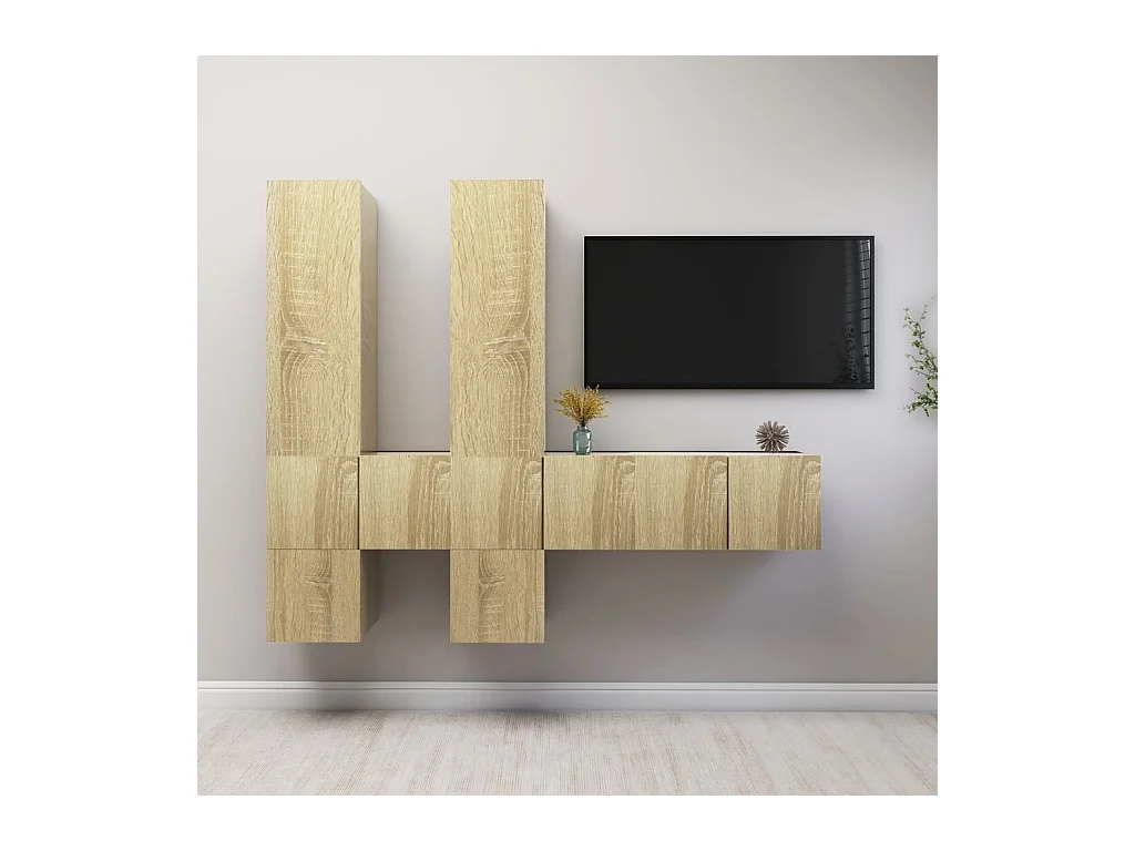 Muebles de pared de TV | Gabinetes de TV |  Muebles de salón 7 pzas aglomerado color roble Sonoma