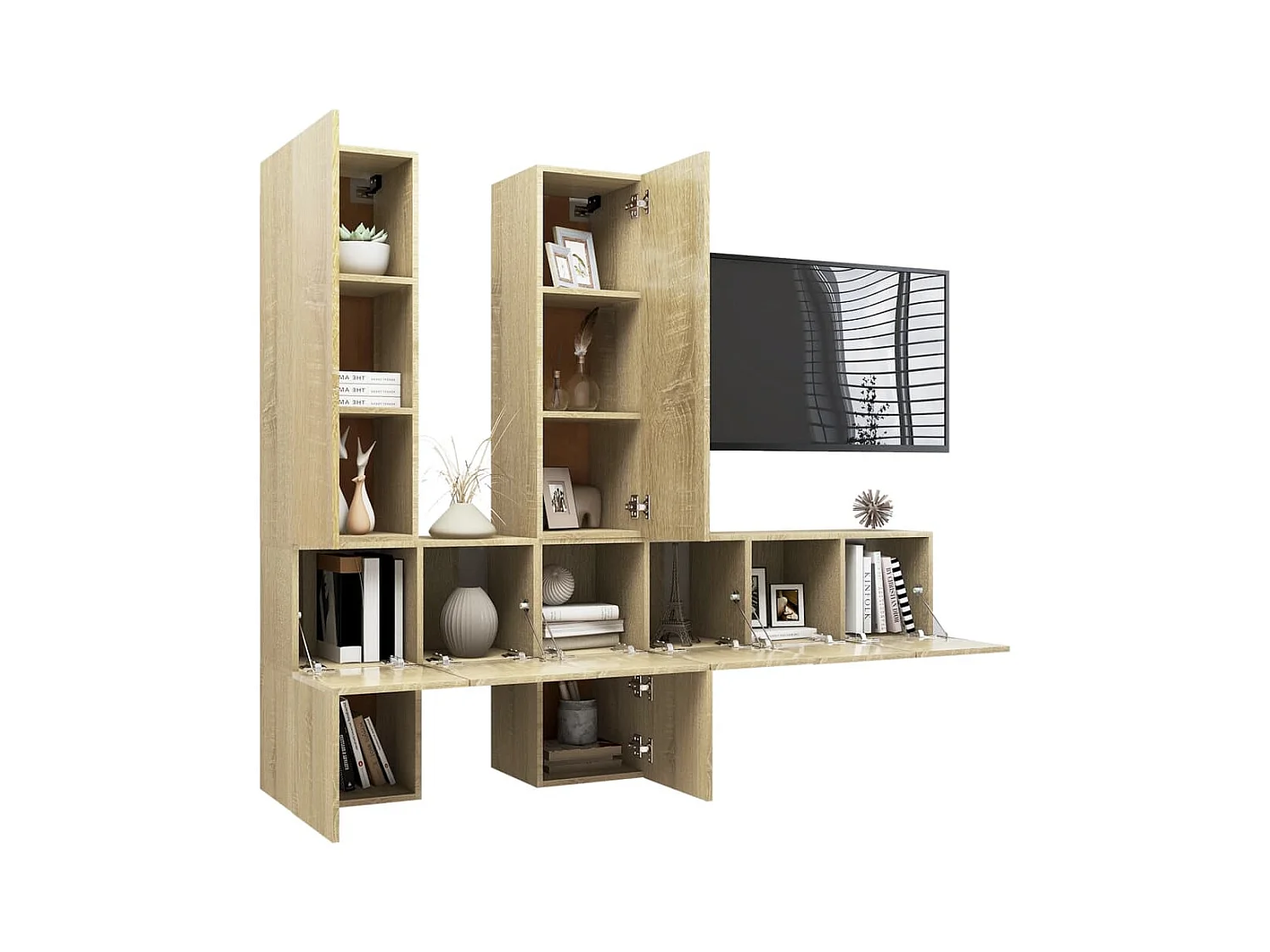 Muebles de pared de TV | Gabinetes de TV |  Muebles de salón 7 pzas aglomerado color roble Sonoma