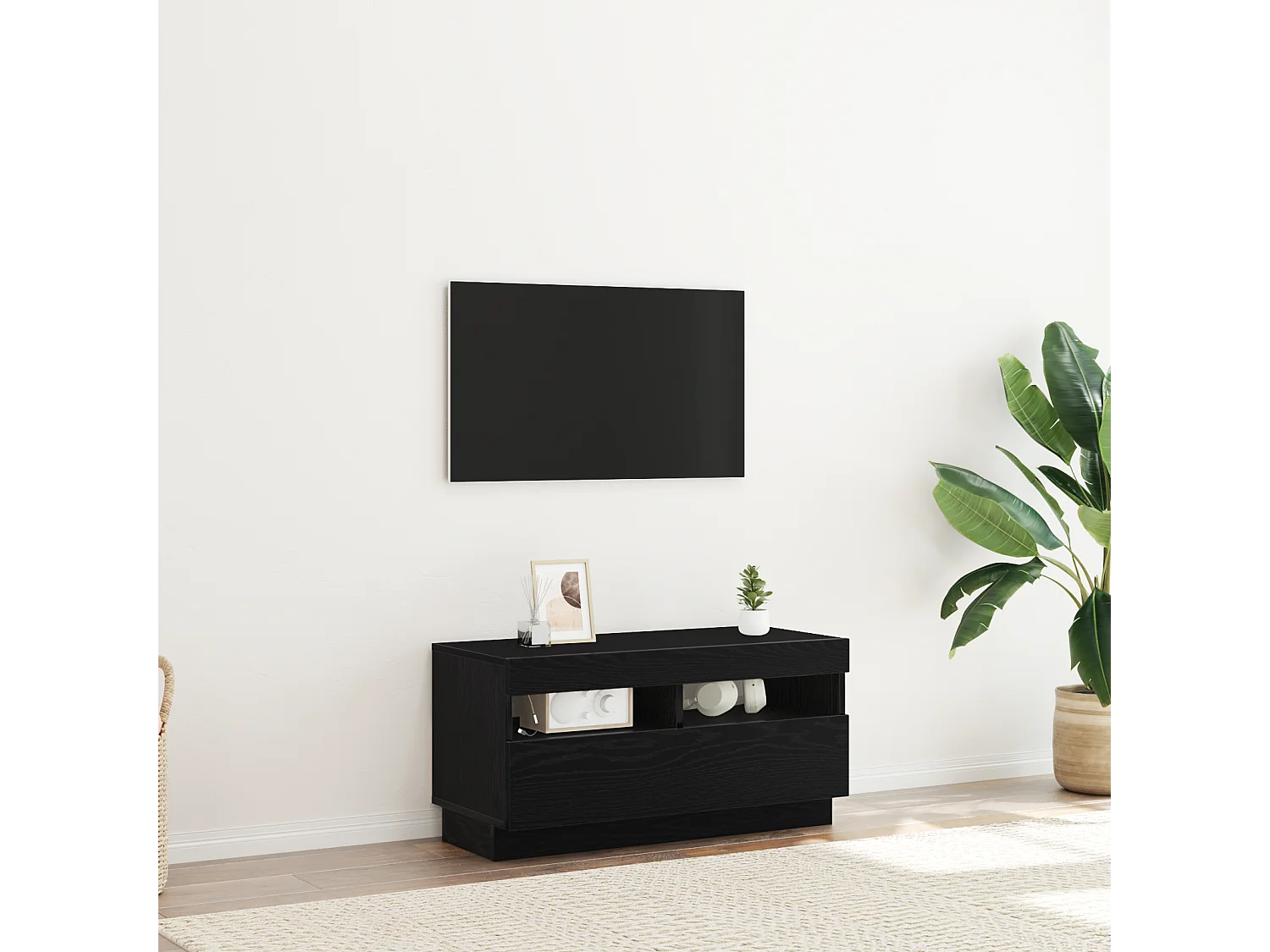 Tv-meubel | Tv-Bank | TV-kastmet LED-verlichting Zwart Eiken 80x35x40 cm Bewerkt hout