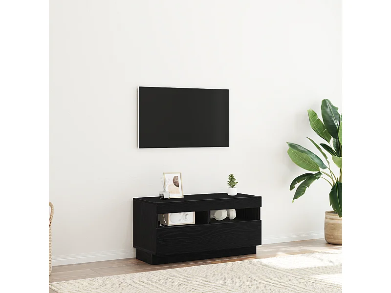 Meuble TV | Banc TV | Armoire TV avec des lumières LED chêne noir 80x35x40 cm en bois d'ingénierie