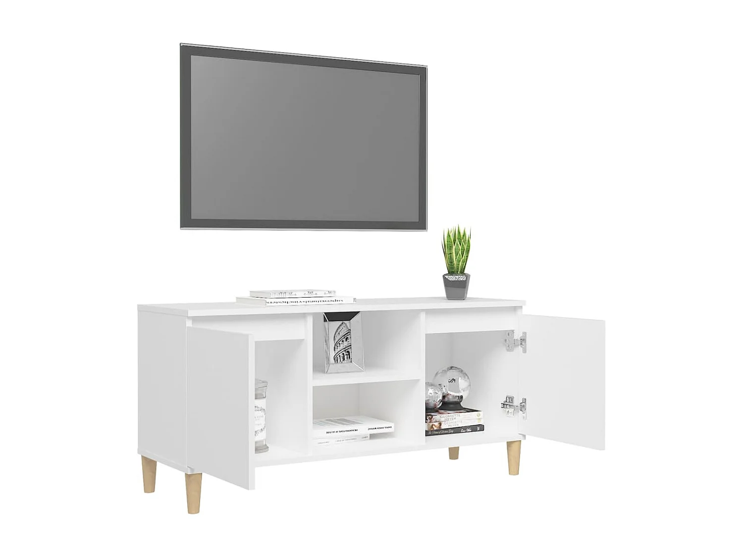 Mueble de TV | Mueble de salón con patas de madera maciza blanco 103,5x35x50 cm