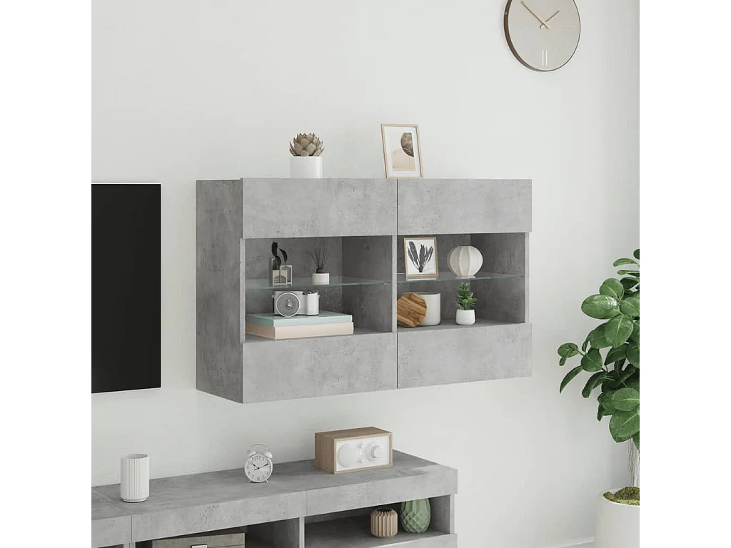 Mueble TV | Gabinete de TV | Mueble de salón de pared con luces LED gris hormigón 98,5x30x60,5 cm
