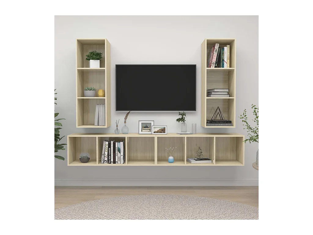 Muebles de salón | Gabinetes de TV |  Muebles de TV de pared 4 pzas madera ingeniería roble Sonoma