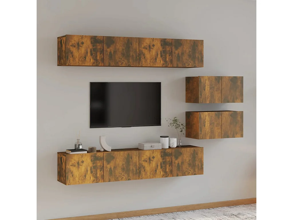 Set de muebles de TV | Gabinetes de TV |  Muebles de salón 6 pzas madera contrachapada roble ahumado