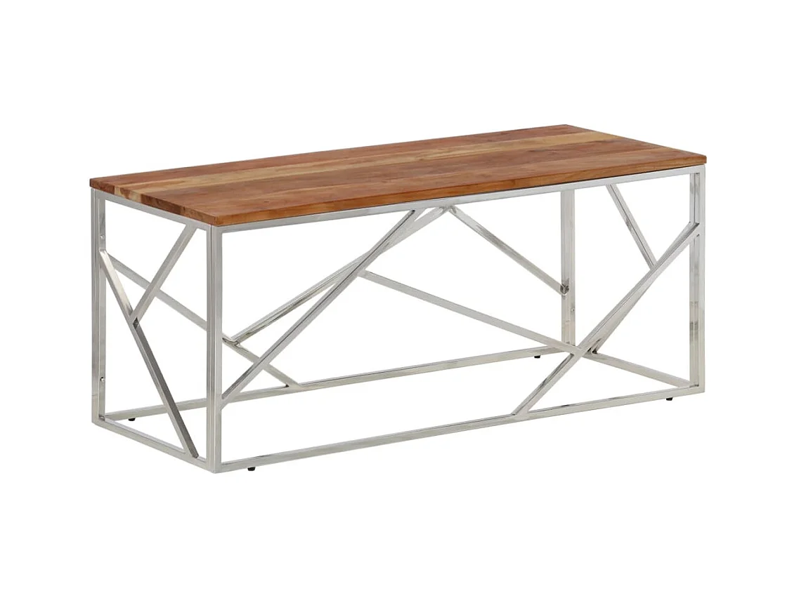 Table basse salon-Table d'appoint argenté acier inoxydable et bois massif d'acacia SHL52001