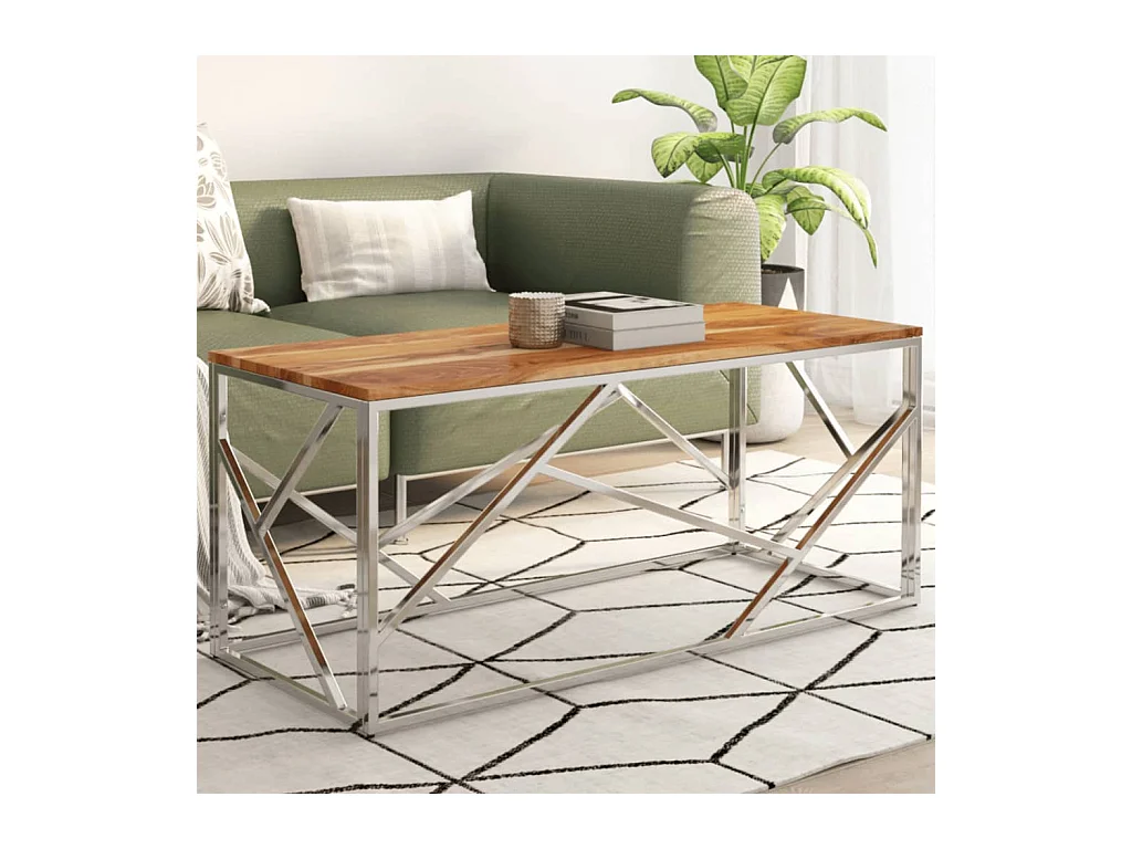 Table basse salon-Table d'appoint argenté acier inoxydable et bois massif d'acacia SHL52001
