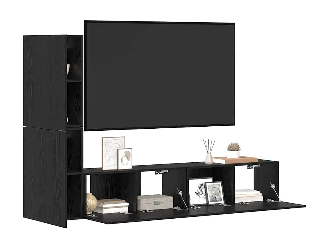Meuble TV | Banc TV | Armoire TV mural avec étagère 4 pcs Chêne Noir Bois d'ingénierie