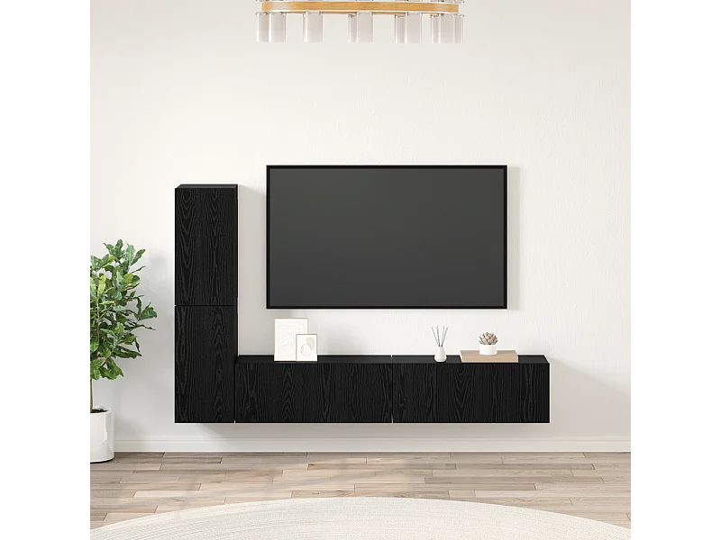 Wand TV kast | Tv-meubel | Tv-Bank met plank met opslag met de deur 4 pcs Zwart eiken Bewerkt hout