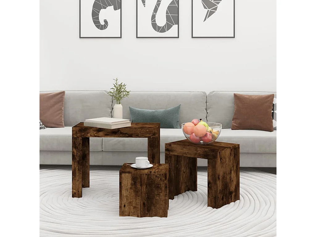 Couchtisch 3er Set-Sofatisch-Beistelltisch Stapelbar Räuchereiche Holzwerkstoff SHL57195