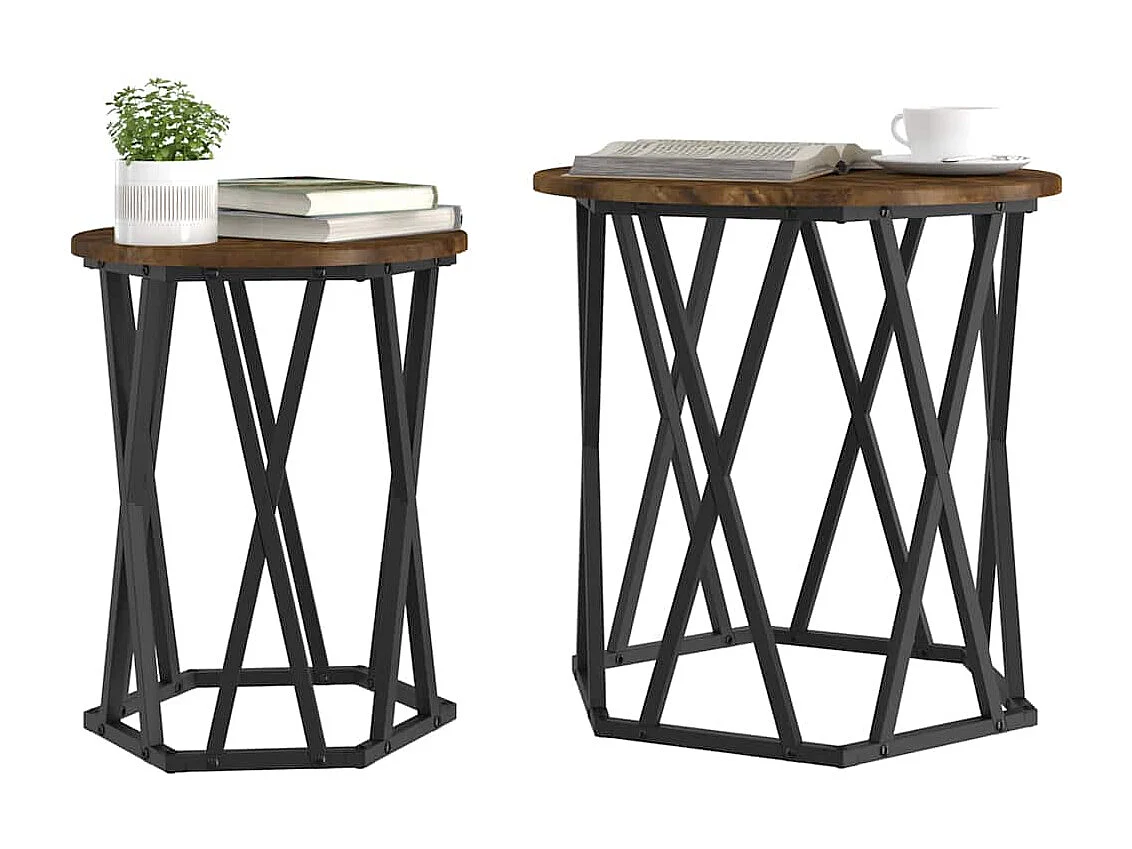 Couchtisch 2er Set-Sofatisch-Beistelltische Geräucherte Eiche Ingenieure Holz und Stahl SHL67154