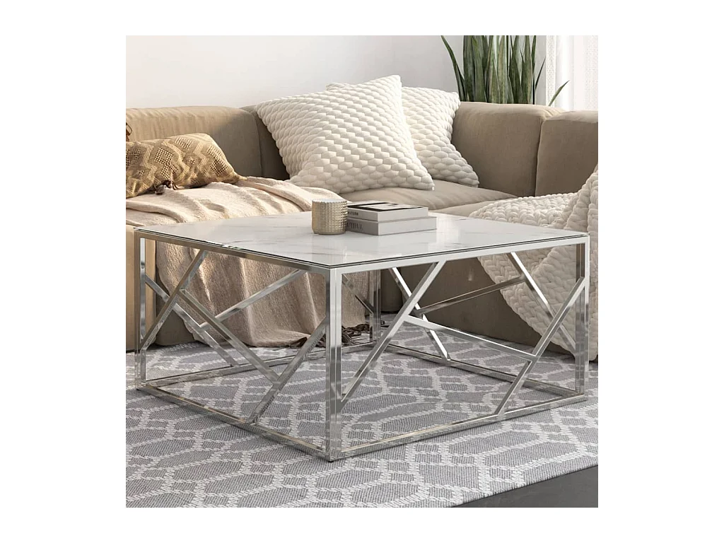 Table basse salon-Table d'appoint argenté acier inoxydable et verre trempé SHL72377