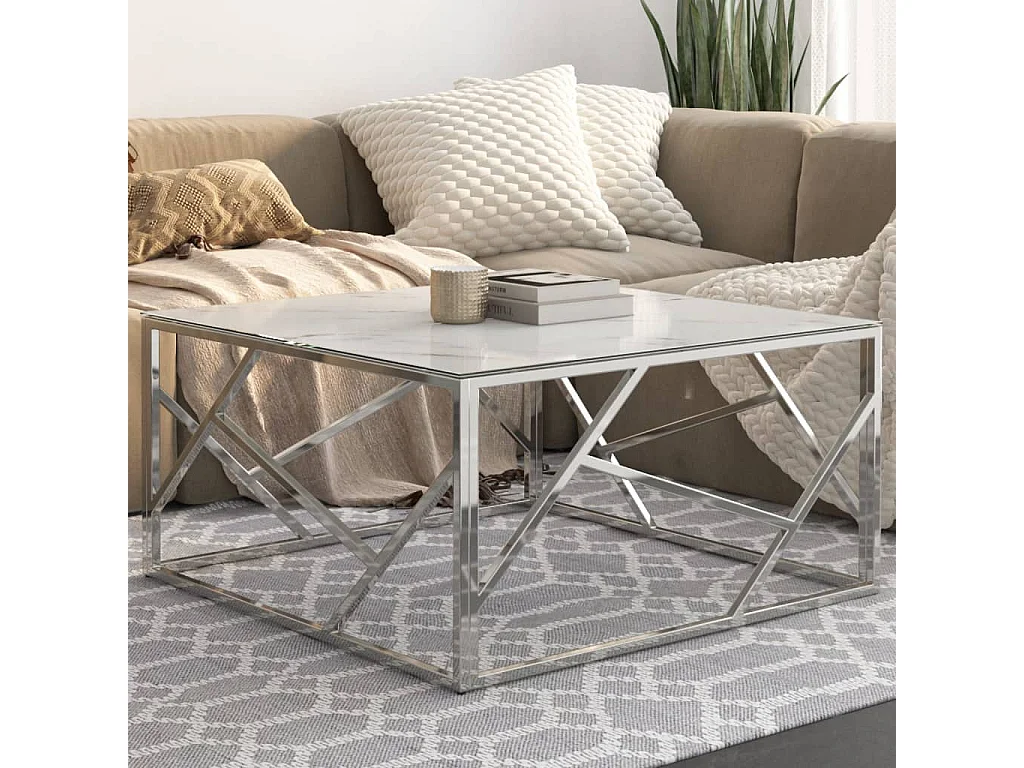Table basse salon-Table d'appoint argenté acier inoxydable et verre trempé SHL72377