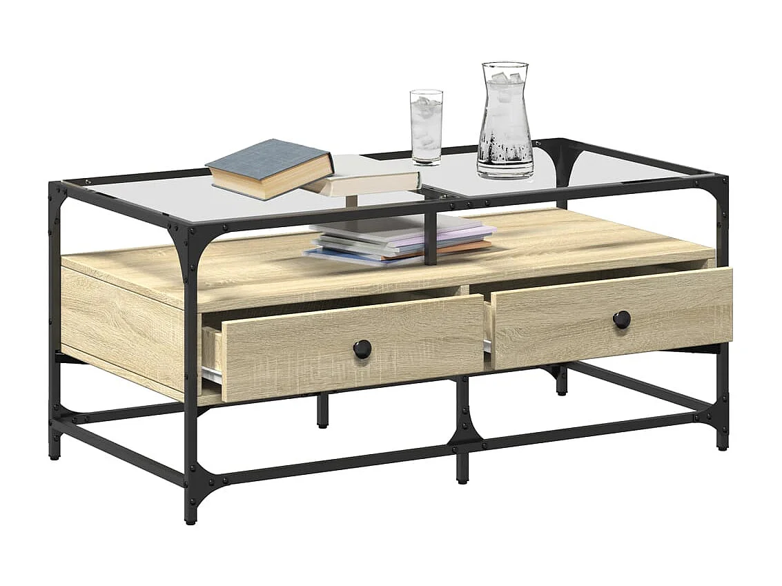 Couchtisch mit Glasplatte Sonoma-Eiche 98,5x50x45 cm Stahl SHL49642