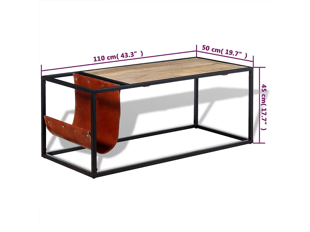 Couchtisch-Beistelltisch-Sofatisch mit Zeitschriftenhalter aus Echtleder 110x50x45 cm SHL40337