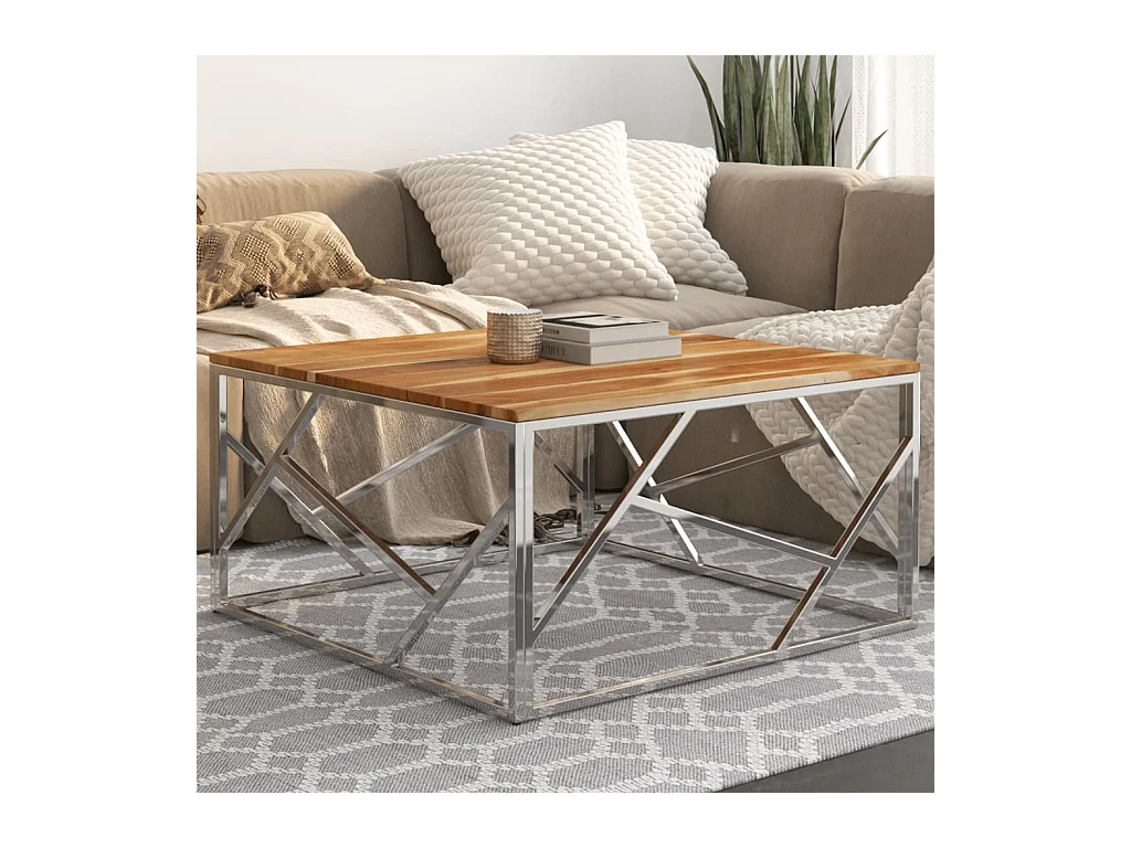Table basse salon-Table d'appoint argenté acier inoxydable et bois massif d'acacia SHL88671