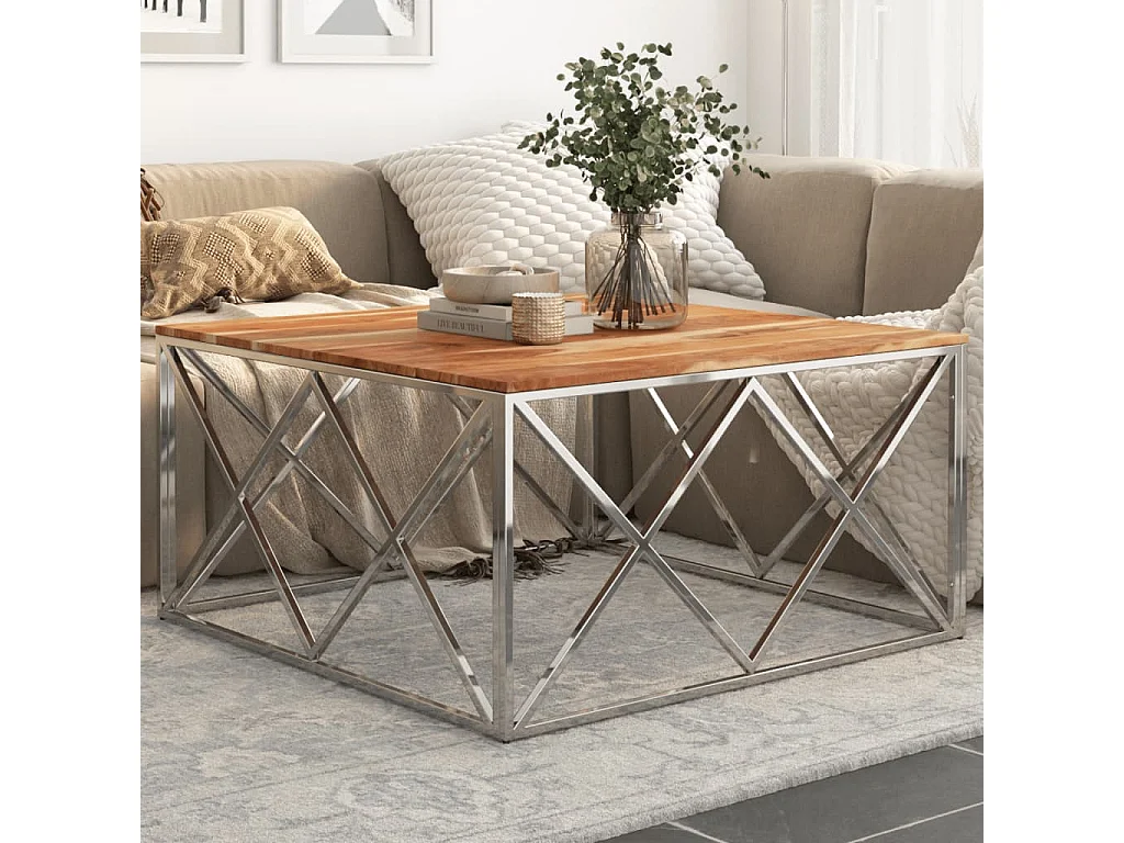 Table basse salon-Table d'appoint argenté acier inoxydable et bois massif d'acacia SHL96383