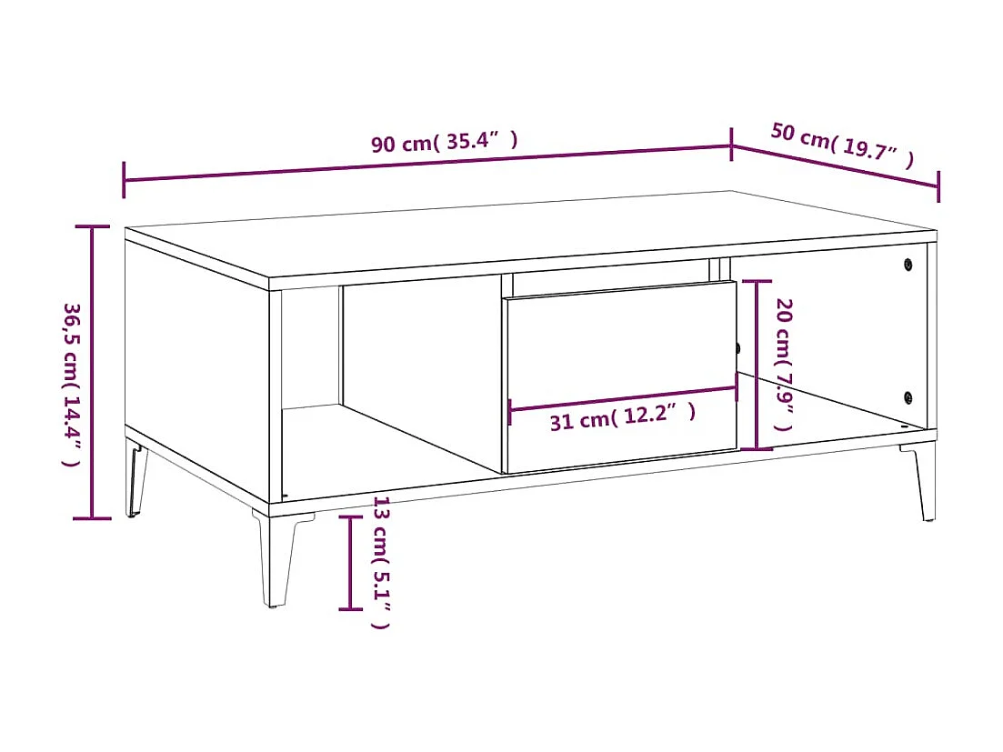 Mesa de centro | Mesa de apoio 90x50x36.5 cm derivados madeira carvalho fumado