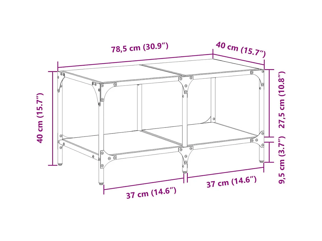 Mesa de centro | Mesa de apoio com topo em vidro preto 78.5x40x40 cm aço