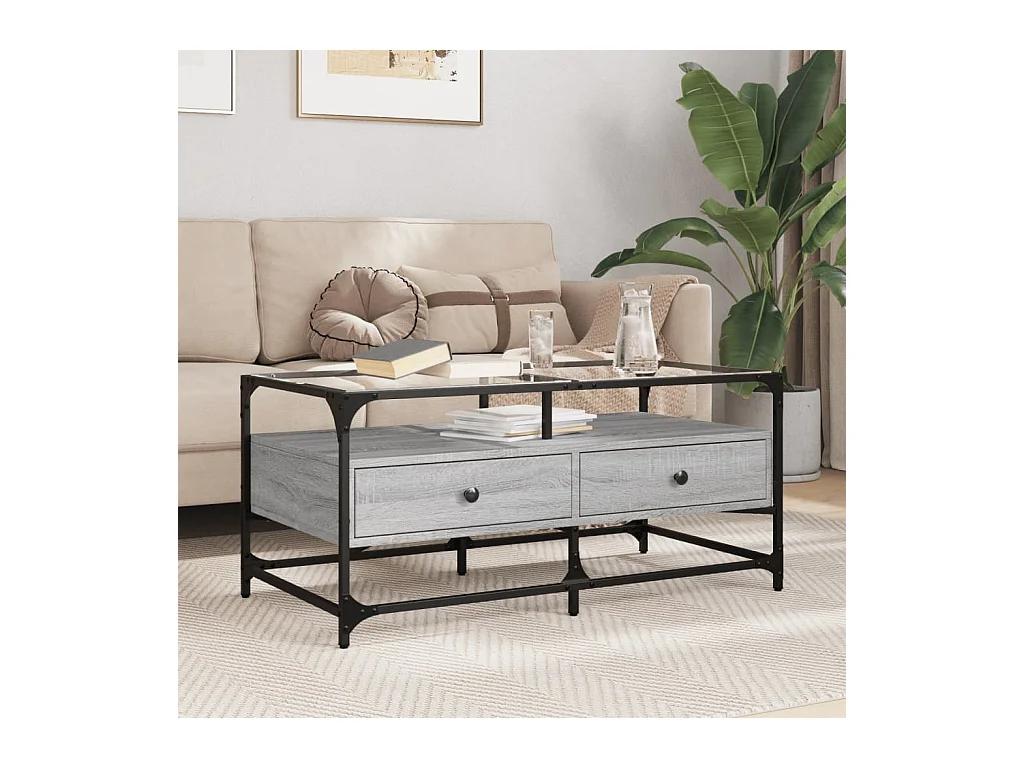 Mesa de centro | Mesa de apoio c/ topo de vidro 98.5x50x45 cm cinza sonoma aço