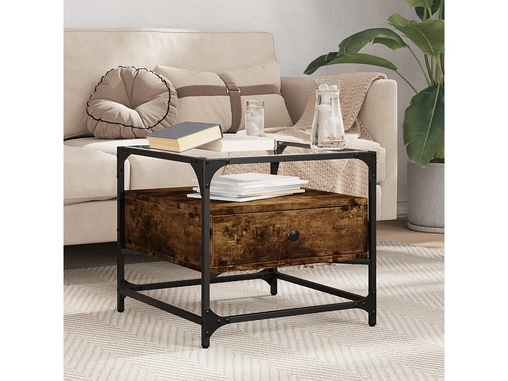 Couchtisch mit Glasplatte Räuchereiche 50x50x45 cm Stahl SHL88297